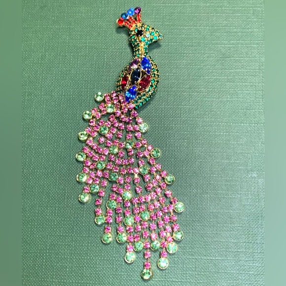OTC Jewelry - Rhinestone Jeweled Peacock Pin Brooch Signed OTC On The Back.  4.5 inches tall